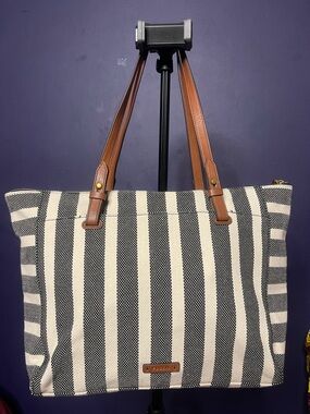Fossil Black & Cream Striped Canvas Tote with Brown Leather Handles